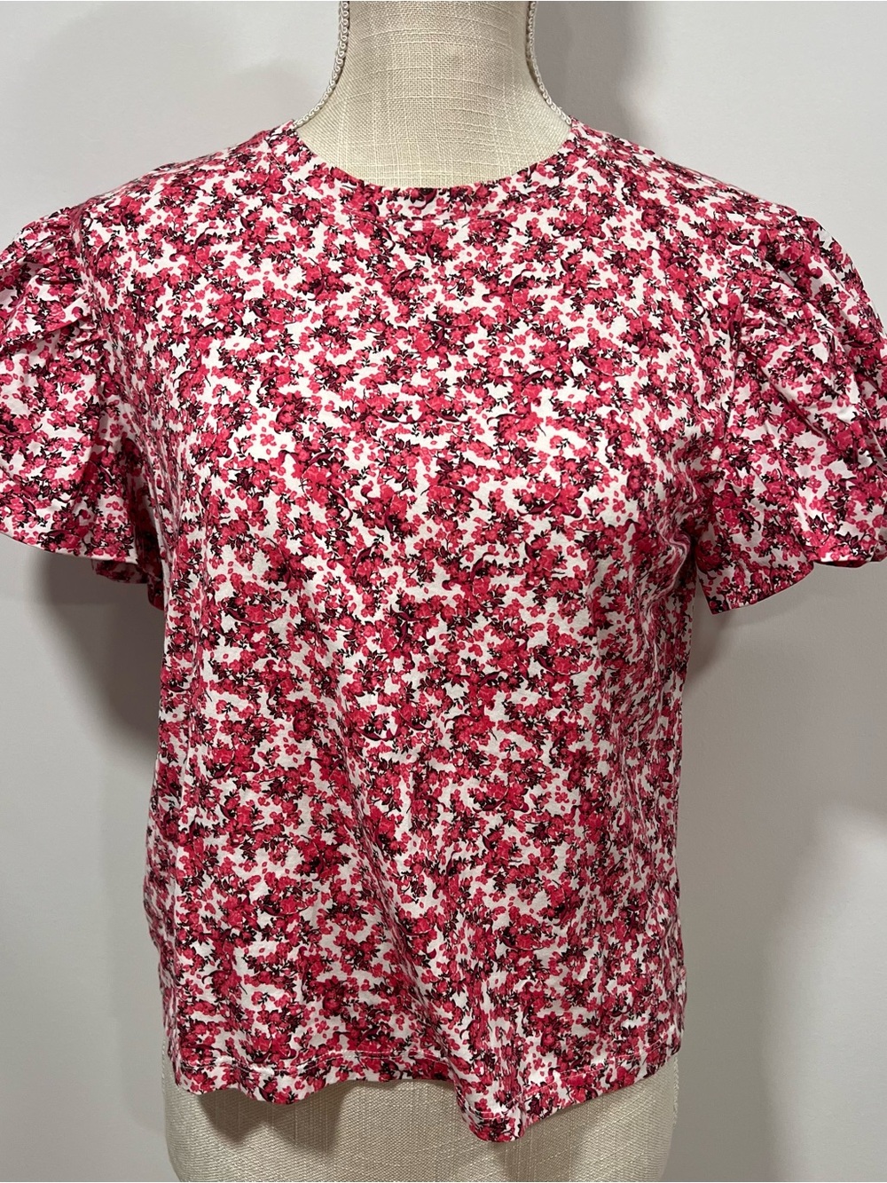 Zara White and Pink Floral Ruffled Sleeve Blouse